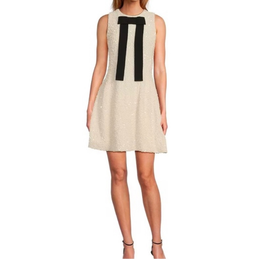 Elegant white sequin Dress with Black Bow